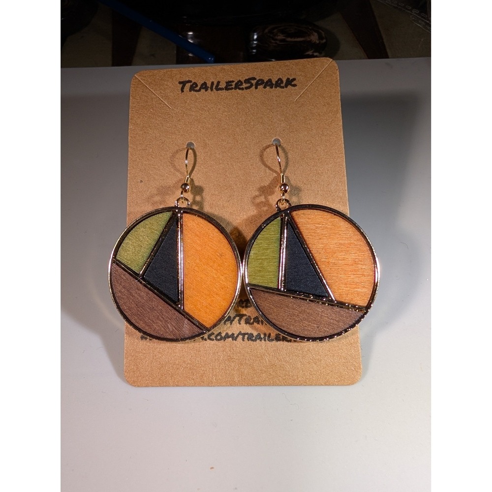 Trailerspark‎ Geometric Wood Inlay Drop Earrings Gold Tone Multi Color Dangle
